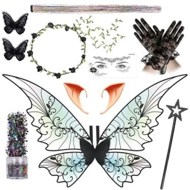 Imagem de Conjunto de fantasia de asas de fada para mulheres adultas, grampos de cabelo de borboleta, orelhas de elfo, guirlanda, varinha, luvas, Halloween, cosplay, festa, preto