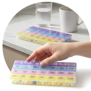 Imagem de Porta Comprimidos Semanal 7 Dias 4 Vezes ao Dia Organizador de Remédios e Suplementos Nichos Grandes Tampa Segura Fácil para Idosos Plástico Resistente Leve Portátil Ideal Viagens Tratamento Contínuo