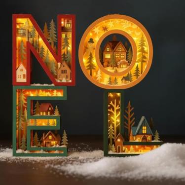 Imagem de AceOrbit Decorações de letras de madeira de LED de Natal enfeite de alfabeto brilhante outono inverno mesa centro de mesa decoração de cornija de sala de estar (4 letras, Noel)