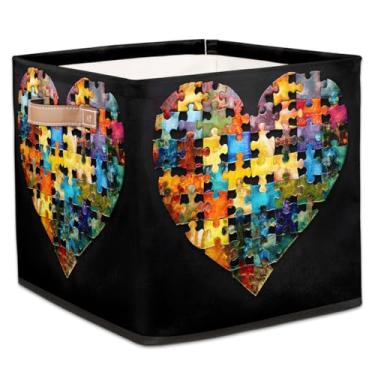 Imagem de hongjinglin Cestos dobráveis de armazenamento em cubo, amor, autismo, caixas dobráveis coloridas, brinquedo com alças, organizador de tecido, cesto organizador para berçário, sala de estar, quarto