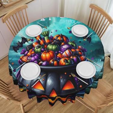 Imagem de Toalha de mesa redonda preta com caldeirão mágico de Halloween, à prova d'água, lavável, 152 cm, capa de mesa circular, protetor de mesa para jantar, cozinha, festa, pátio, decoração interna e externa