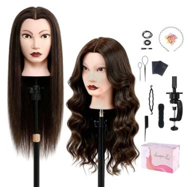 Imagem de Cabeça de manequim com 100% cabelo humano, 66 cm castanho escuro cabelo real cosmetologia manequim cabeça de manequim pentear cabelo prática de cabeleireiro cabeça treinamento cabeça cabeça com