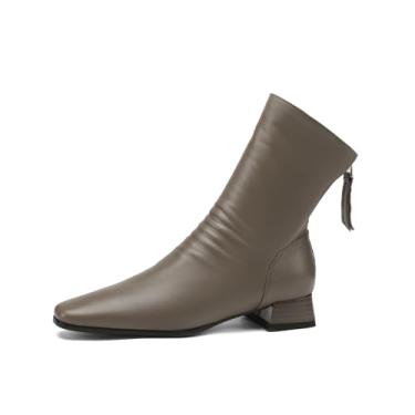 Imagem de TinaCus Bota feminina de couro legítimo feito à mão com salto bloco com zíper e bico quadrado, Caqui, 34