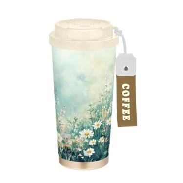 Imagem de Blueangle Caneca de café de viagem com isolamento térmico com pintura em aquarela Meadow - copo de aço inoxidável à prova de vazamento e derramamento para acampamento e ar livre, garrafa de água