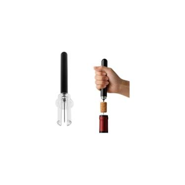 Imagem de Saca-Rolhas Pneumático, Preto, Plástico e Metal, 20cm x 2cm, com Lâmina Retrátil para Corte de Lacre, Compatível com Rolhas Naturais