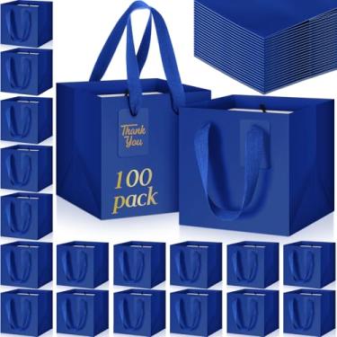 Imagem de Windyun 100 mini sacos de presente de papel com alça 15 x 15 x 15 cm quadrada pequena bolsa de lembrancinha com etiqueta de agradecimento faça você mesmo para Natal, aniversário, casamento, chá de