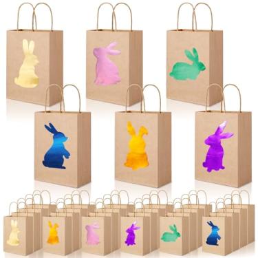 Imagem de FOGWOWO 24 peças de sacos de presente de Páscoa a granel dourado sacos de petisco de coelho saco de presente de papel kraft com alças sacos de presente de doces de feriado para ovos de páscoa caça