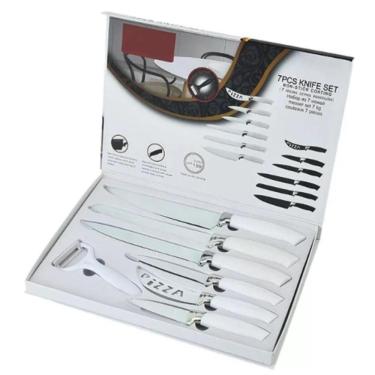 Imagem de Conjunto De Facas De Cozinha Ceramica Branca 7 Peças Kit Profissional Churrasco Carnes Paes Pizza Com Descascador Frutas