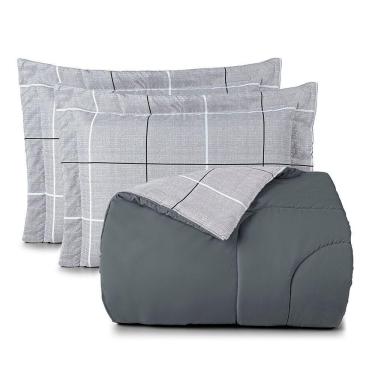 Imagem de Kit Edredom Cobertor Celi Queen Dupla Face Micropercal Estampado 200 Fios 3 Peças Xadrez Grid Cinza