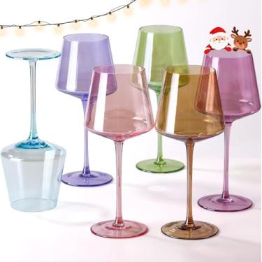 Imagem de Physkoa Conjunto de taças de vinho coloridas de 170 a 473 ml, taças de vinho de cristal sopradas à mão com haste, taças de vinho tinto e branco exclusivas para bar de férias