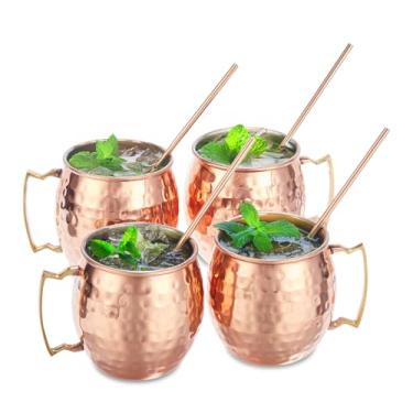 Imagem de CopperStudio Pacote Drinkware - Canecas clássicas de cobre puro - Conjunto de 4, tamanho 453 g com 4 canudos de cobre sólidos de 15 cm reutilizáveis de 15 cm, caneca Moscow Mule, martelada à mão, para