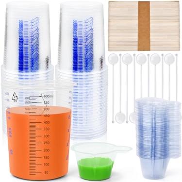 Imagem de Artcome Kit de copo de mistura - 50 peças de copos medidores de plástico de 600 ml, 50 peças de varetas de mistura de madeira, copos pequenos descartáveis de 100 peças de 40 ml, 10 hastes de agitação