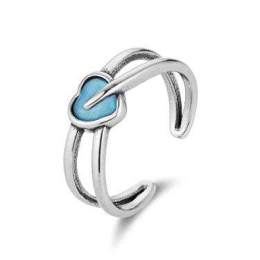 Imagem de HZMAN Anel de coração aberto ajustável para mulheres, tamanho 7-9, com pedra da lua, joia de aço inoxidável para presente, Metal, Pedra da lua