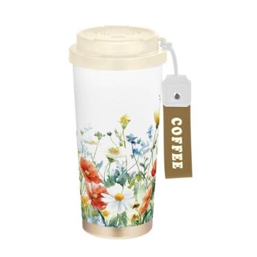 Imagem de Wassud Caneca de café de viagem com isolamento de campo de flores em aquarela à prova de vazamento com tampa e canudo garrafa de água de aço inoxidável para café quente/gelo, chá e cerveja