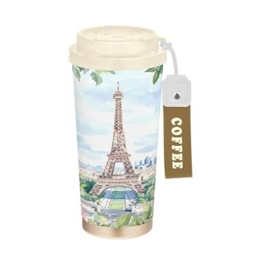 Imagem de STAYTOP Linda caneca de café de viagem com isolamento térmico da Torre Eiffel de 500 ml, copo de café de aço inoxidável reutilizável com tampa flip à prova de vazamento à prova de vazamento para