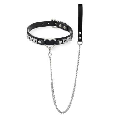 Imagem de Conjunto de coleira e coleira de couro com coração preto, gargantilha gótica ajustável com letras de strass 96 cm, correia de corrente de alumínio durável