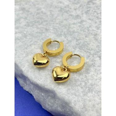 Imagem de Brinco Argola Click Aço Inox Dourado com Coração - 1 Par Antialérgico 