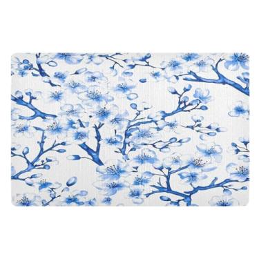 Imagem de STAYTOP Capacho para ambientes externos com flores de cerejeira azul 81 x 50 cm, tapete de boas-vindas interno, tapetes de banho fofos, capacho frontal antiderrapante para entrada, pátio, áreas de