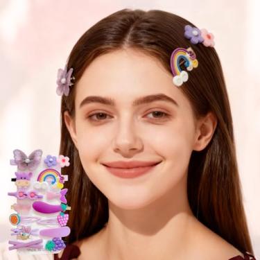 Imagem de Conjunto de acessórios de cabelo infantil com 14 peças: presilhas coloridas de arco-íris, alfinetes, frutas doces, borboletas para penteados elegantes para crianças (roxo)