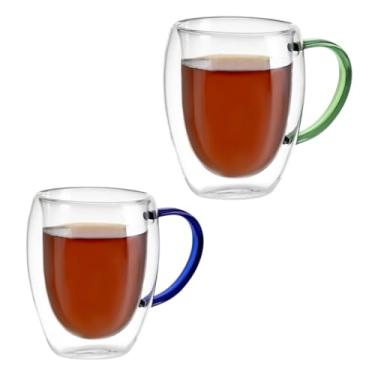 Imagem de Kit Conjunto 2 Xícaras de Vidro Borossilicato Parede Dupla 350ml Transparente com Alça Colorida - 1 Verde e 1 Azul