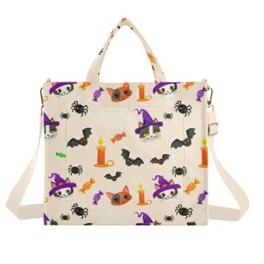 Imagem de Burbuja Sacola feminina com cara de gato de Halloween, bolsa tiracolo de veludo cotelê, para compras, trabalho, viagens, Caras de gato de Halloween, Medium