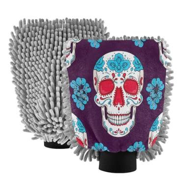Imagem de STAYTOP Lindas luvas de lavagem de carro de caveira de açúcar, 2 peças, luvas de microfibra de chenille, sem arranhões, panos de esponja de lavagem ultra absorventes para carros, limpeza doméstica - M