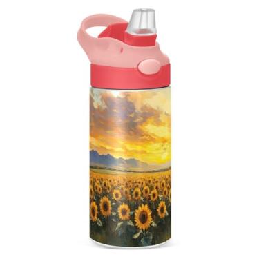 Imagem de CEBUGI Garrafas de água de campo de girassóis garrafa de água infantil à prova de vazamento com canudo Garrafa de água isolada a vácuo de aço inoxidável para meninos e meninas