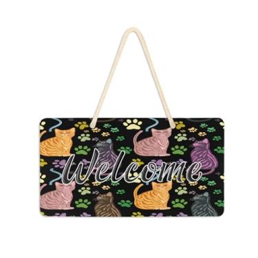 Imagem de Burbuja Placa de boas-vindas de gatos com impressão de pata para porta da frente, placa de boas-vindas de PVC para decoração de férias de casa de fazenda, 15 x 28 cm