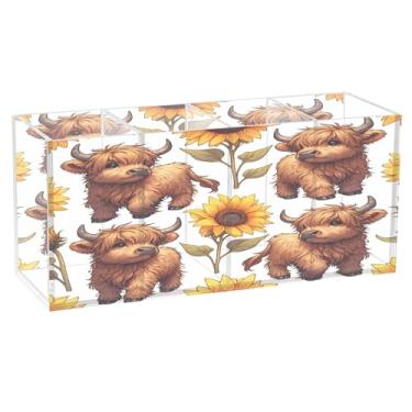 Imagem de Burbuja Highland Cows Porta-canetas de acrílico girassóis com 4 compartimentos, suporte de lápis transparente para pincéis de maquiagem fixos, acessórios de mesa de escritório em casa