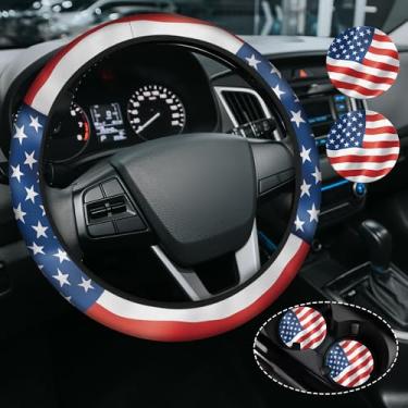 Imagem de Capa de volante com bandeira americana da bandeira dos EUA para mulheres e homens, antiderrapante de neoprene de alta elasticidade, acessórios de carro, capas de volante, universal de 38 cm para