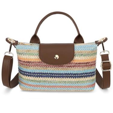 Imagem de BBORGDC Bolsas transversais para mulheres, pequena bolsa de palha pequena, bolsa de verão tecida, listras coloridas de praia, portátil ou de ombro, RFID, presente diário de viagem