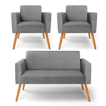 Imagem de Sofá Namoradeira Com 2 Poltronas Pés Palito Castanho Marisa Linho Grafite A26 D03 - D'rossi