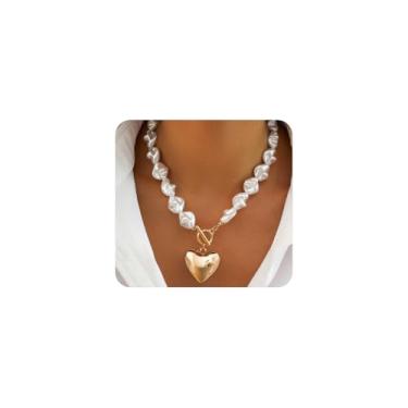 Imagem de Colar feminino com pingente de coração de pérola, dourado, grosso, inchado, coração OT, colares curtos com contas vintage, Large, Liga de aço, Sem Pedra Preciosa