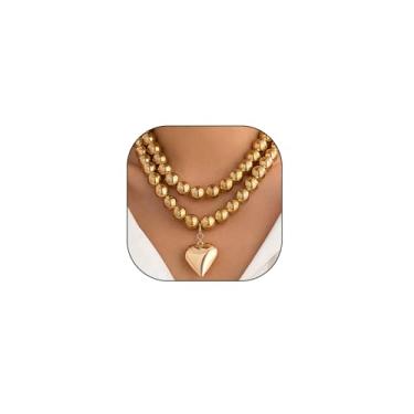 Imagem de Colar com pingente de coração grosso em camadas, colar minimalista banhado a ouro grosso com contas de amor, colar moderno de coração inchado com contas, Large, Liga de aço, Sem Pedra Preciosa