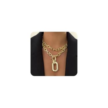 Imagem de Navirix Colar gargantilha de ouro grosso para mulheres, dois tons grossos de clipe de papel, colar de elos de corrente, empilhamento em camadas OT alternar declaração declaração acessórios de joias