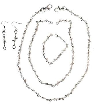Imagem de SUMPIGGER Colar punk GothThorns prata conjunto de calça, corrente de arame farpado, pulseira, brincos, metal, chama, farpado, hiphop, joia de rock para homens e mulheres, Zinco, Sem Pedra Preciosa