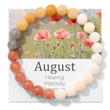 Imagem de MMIUAEG Pulseira de pedra do mês do zodíaco para mulheres e homens, pulseira de pedras coloridas para aniversário, Natal, formatura e cartão de desejos para reduzir a ansiedade, mês do zodíaco, Medium