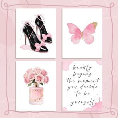 Imagem de Pinetree Art Decoração de parede rosa fashion arte de parede inspiradora, impressão em tela de borboleta de perfume de salto alto para escritório em casa, quarto, banheiro - presente para amigas