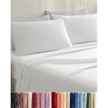 Imagem de Jogo de lençol casal de flanela de veludo com 4 peças - Roupa de cama de lã super macia - 1 lençol de cima e 1 elástico e 2 fronhas - aconchegante, confortável e felpudo - bolsos profundos, felpudos e