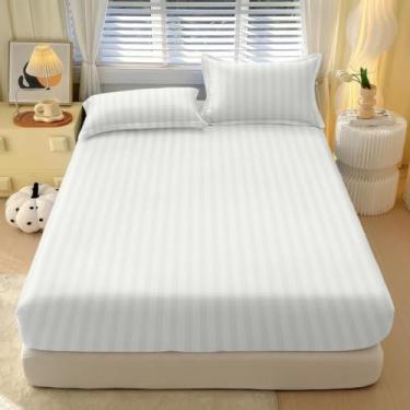 Imagem de Jogos De Lençol Com Elástico Listrado 400 Fios Solteiro 2 Peças Casal e Queen 3 Peças(Branco,SOLTEIRO 02 Pecas)