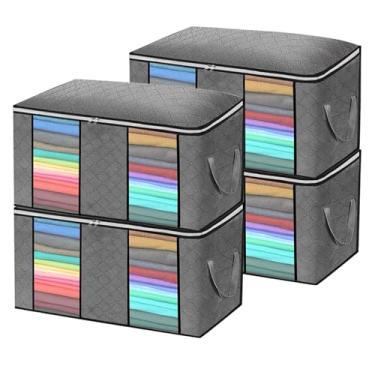 Imagem de YOUTHINK Pacote Com 4 Sacos de Armazenamento Dobráveis, Grande Capacidade Com Janela Transparente, Alça Reforçada, Tecido Grosso para Edredons, Cobertores, Roupas de Cama, 90L Cada (Cinza)