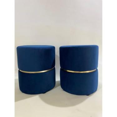 Imagem de Puff Redondo Estofado Luxo para Sala e Escritório – Banqueta Decorativa Multiuso para Provador Quarto ou Recepção – Unidade ou Kit (Kit 2 Veludo Azul)