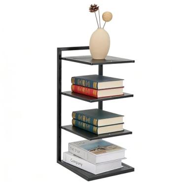 Imagem de Rainmae Estante de metal pequena de 4 camadas para mesa, estante moderna de altura ajustável, prateleira organizadora de mesa para quarto, sala de estar, escritório, preta