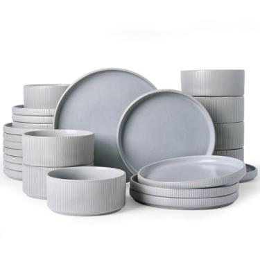 Imagem de Famiware Star Conjunto de louça, pratos e tigelas para 8 (24 peças), pratos de grés canelados, resistente a lascas e arranhões, seguro para micro-ondas e lava-louças, cinza fosco