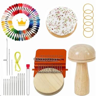 Imagem de Kit de mini tear de darning de cogumelo - 14 ganchos, 50 fios de cor gradiente, kit de remendos de tricô DIY para iniciantes e profissionais para consertar jeans, 14 meias grandes com agulhas de olho