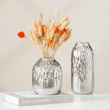 Imagem de PhiDor Conjunto de 2 vasos de flores de cerâmica branca, suporte cilíndrico de flores secas de porcelana, decoração para sala de desenho/mesa/estudo/entrada de escritório, estilo boho simples moderno