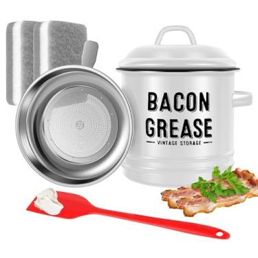Imagem de Recipiente de graxa de bacon com filtro, 1,5 L/1,304 g, protetor de graxa esmaltado com tampa e espátula de silicone, pote de lata de armazenamento de gordura de bacon de óleo de cozinha, suporte de