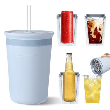 Imagem de HOMDSG Copo de silicone para cubos de gelo com forro de aço inoxidável, copo térmico reutilizável de 473 ml para cerveja, suco, café. Mantém as bebidas frias, azuis, com tampa e canudo