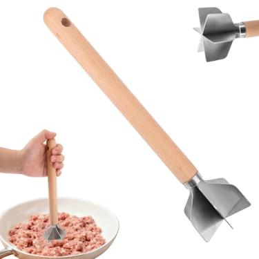 Imagem de Picador de Carne em Aço Inoxidável, 28x7cm Amassador de Carne Multifuncional 6-Lâminas com Cabo Madeira para Preparo Refeições na Cozinha