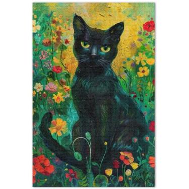 Imagem de Quebra-cabeça de jardim de flores de gato preto para adultos, 500 peças, pintura de belas artes, presentes de quebra-cabeça únicos, presentes engraçados, 51 x 35 cm